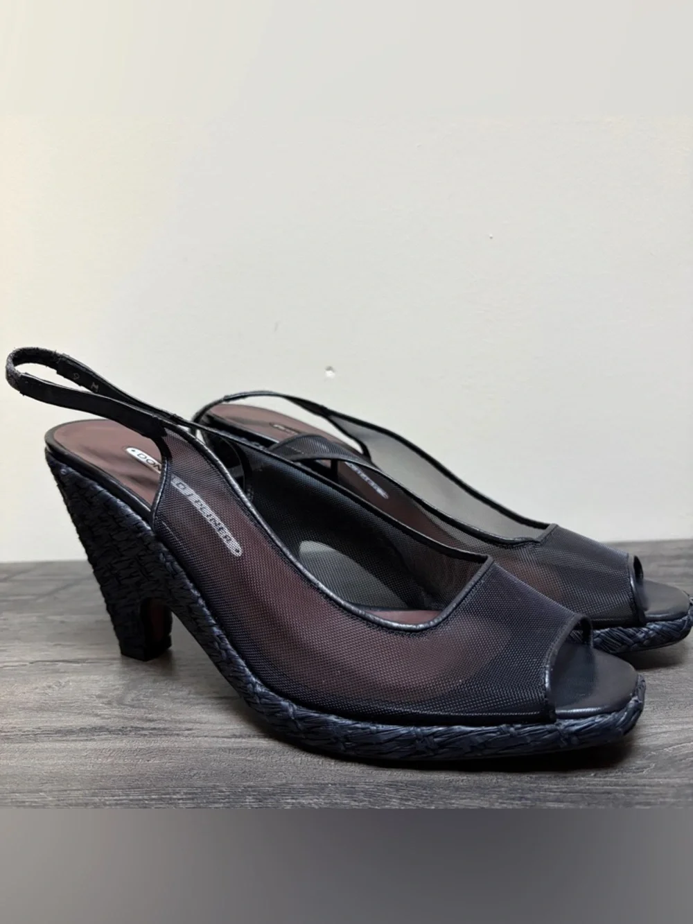Donald Pliner Black Mesh Raffia Slingback Wedge Heel Sandals Leather Spain Sz 9